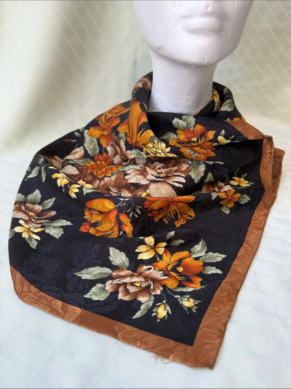 Vintage Floral Black and Orange Silk Scarf